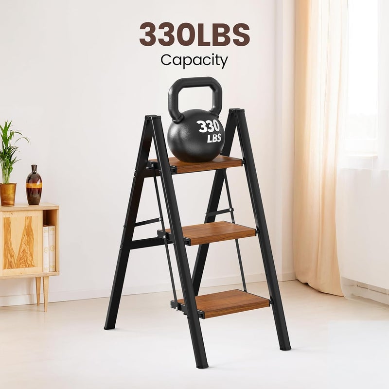 HBTower Step Ladder,Lightweight Aluminum Folding Step Stool with Anti-Slip Wide Pedal,330lbs Capacity Step Ladder for Household,Kitchen,Office - BlackWoodgrain - Image 3